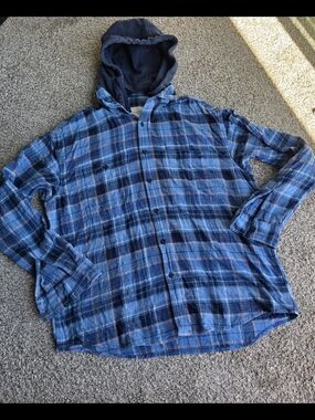 American Eagle Outfitters Blue Plaid Removable Hooded Button-Down Shirt